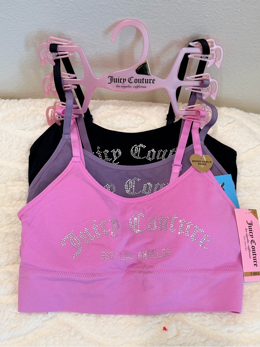 Juicy Couture Pink, Black & Lavender Rhinestone Logo Bralette Set